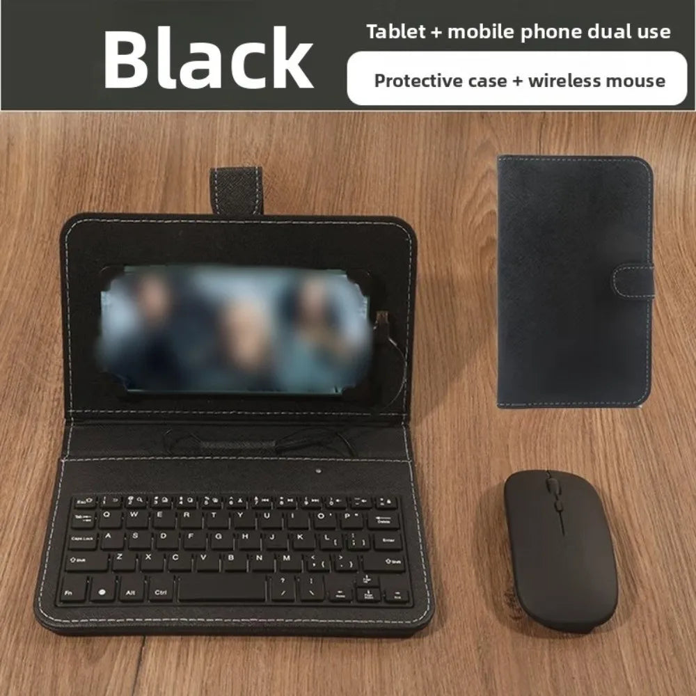 Portable Keyboard Mouse Set Type C & Micro Available PU Leather Shell Phone Holder Bluetooth Mouse Home Work Keyboard