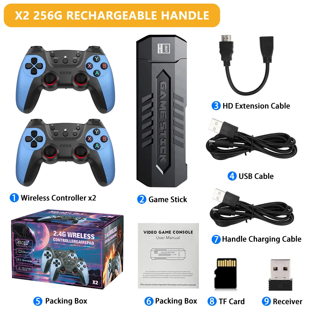 X2-Spielekonsole, 4K HD-Videospiel-Stick, 50.000 Retro-Spiele mit einem Paar Gamecontroller für PS1/N64/SNK/GBA, Weihnachtsgeschenk für Kinder