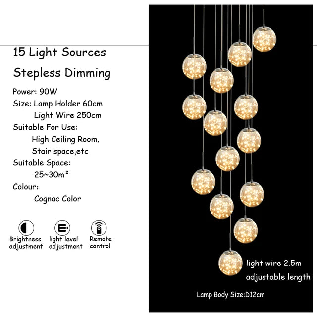 Modern LED Glass Ball Lampshade Ceiling Chandeliers Staircase Duplex Building Villa Loft Hollow Living Room Lights Pendant Lamp