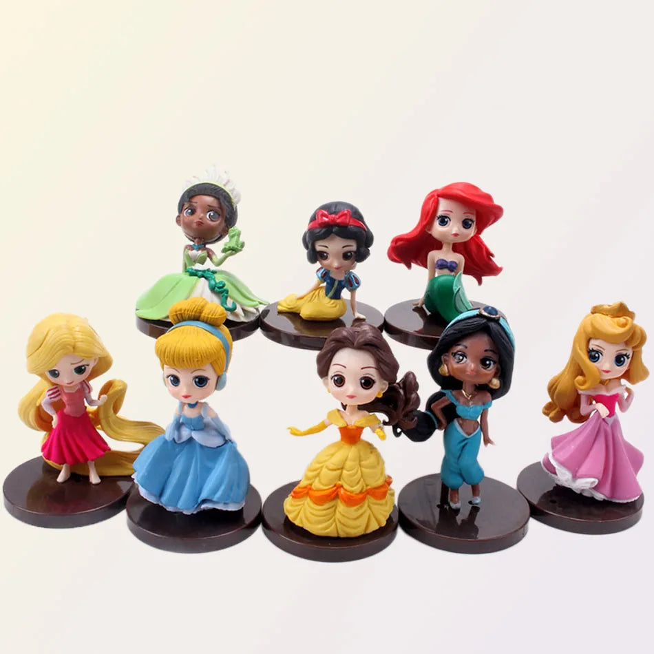 8pcs/set Disney Q Version Princess Cartoon Figures Doll Toys Snow White Rapunzel Ariel Cinderella Belle Mermaid Model Decoration