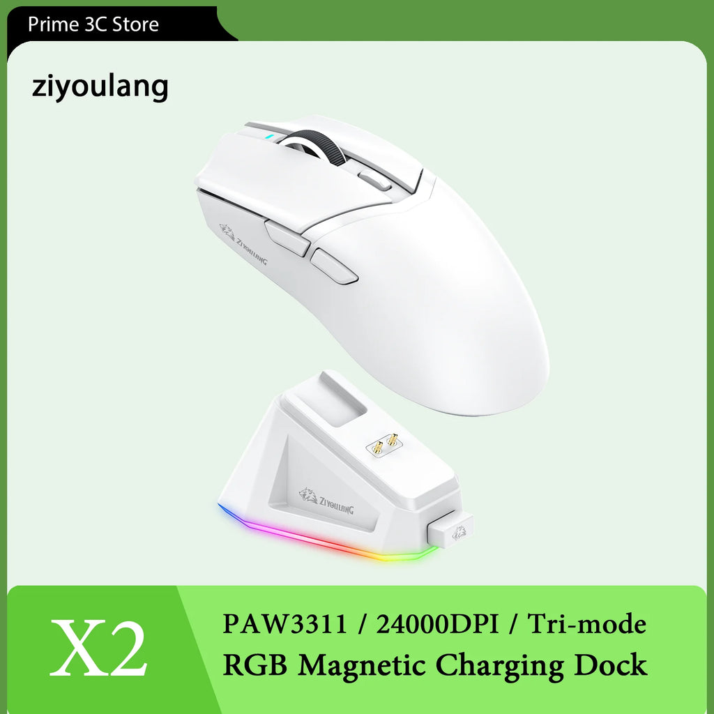 ZIYOULANG X2 Wireless Gaming Mouse 24000DPI PAW3311, RGB Magnetic Charger, Tri-Mode, Macro Driver, Lightweight 59g, Ergonomic