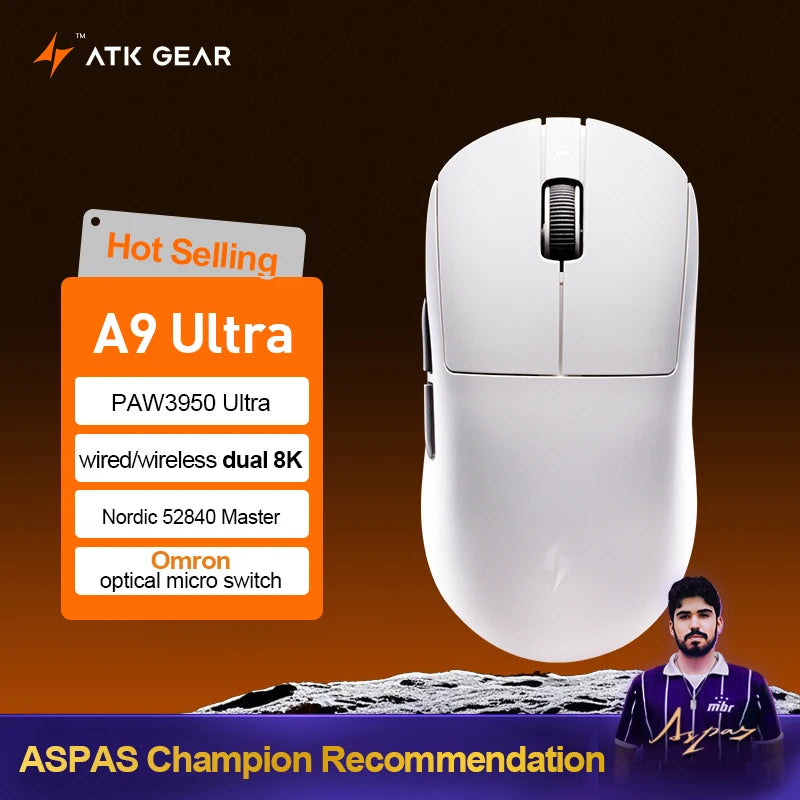ATK Dragonfly A9 Ultra Безжична Геймърска Мишка за Е-Спортове Ултралека Трирежимна Двойна 8K Ергономична Мишка A9 Plus PAW3395/3950