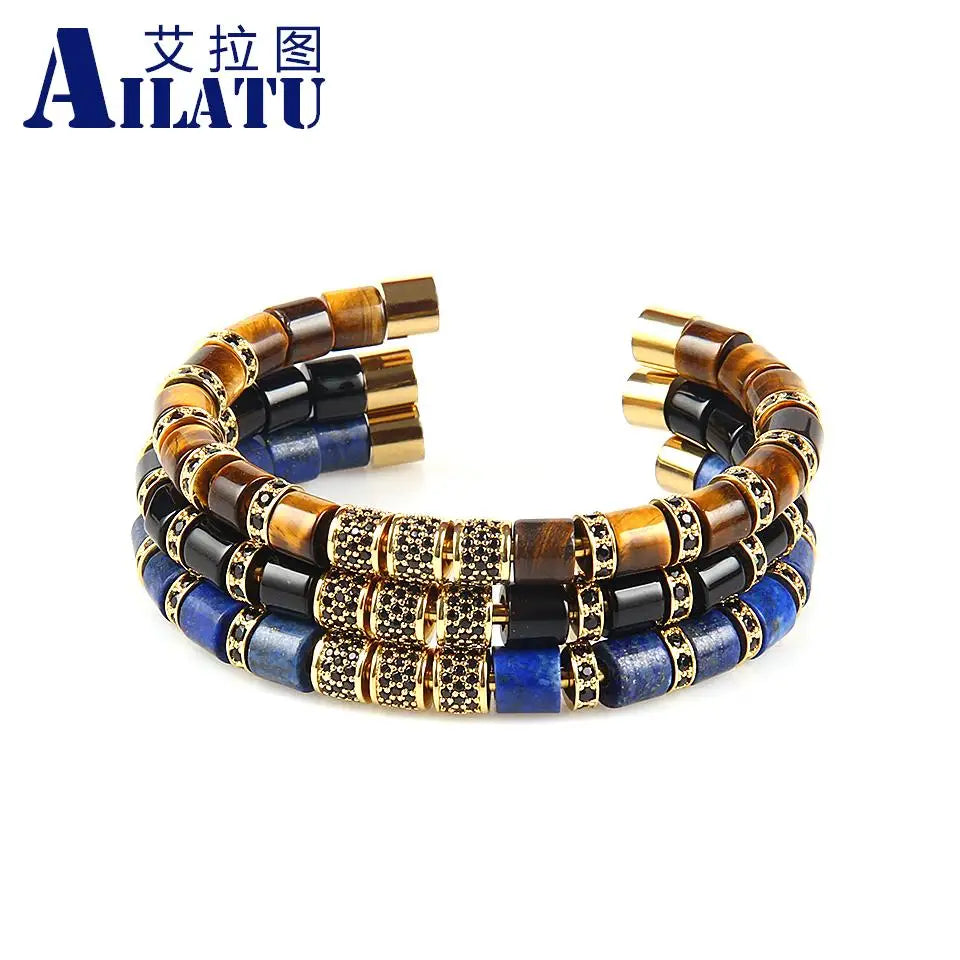 Ailatu 5 teile/los Edelstahl Armreifen Naturstein Zylinder Perlen Armbänder Luxus Männer Schmuck Top Qualität