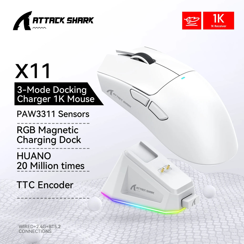 Attack Shark R1 X11 Wireless Gaming Mouse, 18K DPI PAW3311, Tri-Mode Bluetooth/2.4GHz/Wired, Lightweight, Macro Gaming Mouse