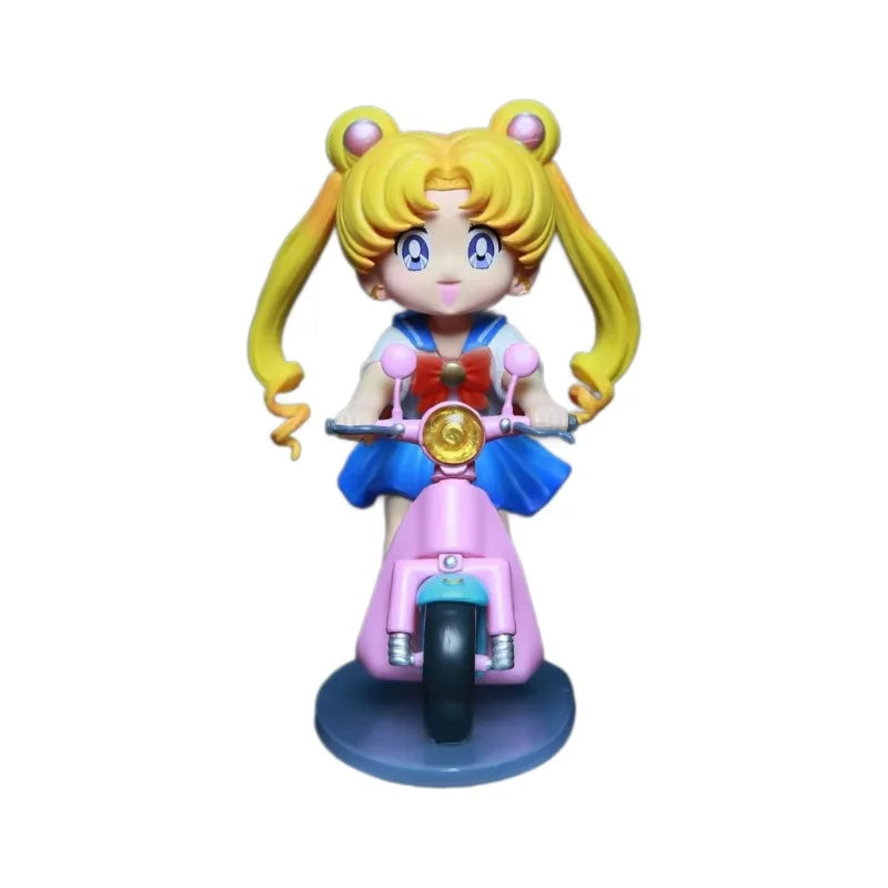13cm Sailor Moon Anime Figure Q Version Tsukino Usagi Ride A Bike Figurine Collection Desktop Decor Ornament Doll Kids Toy Gift