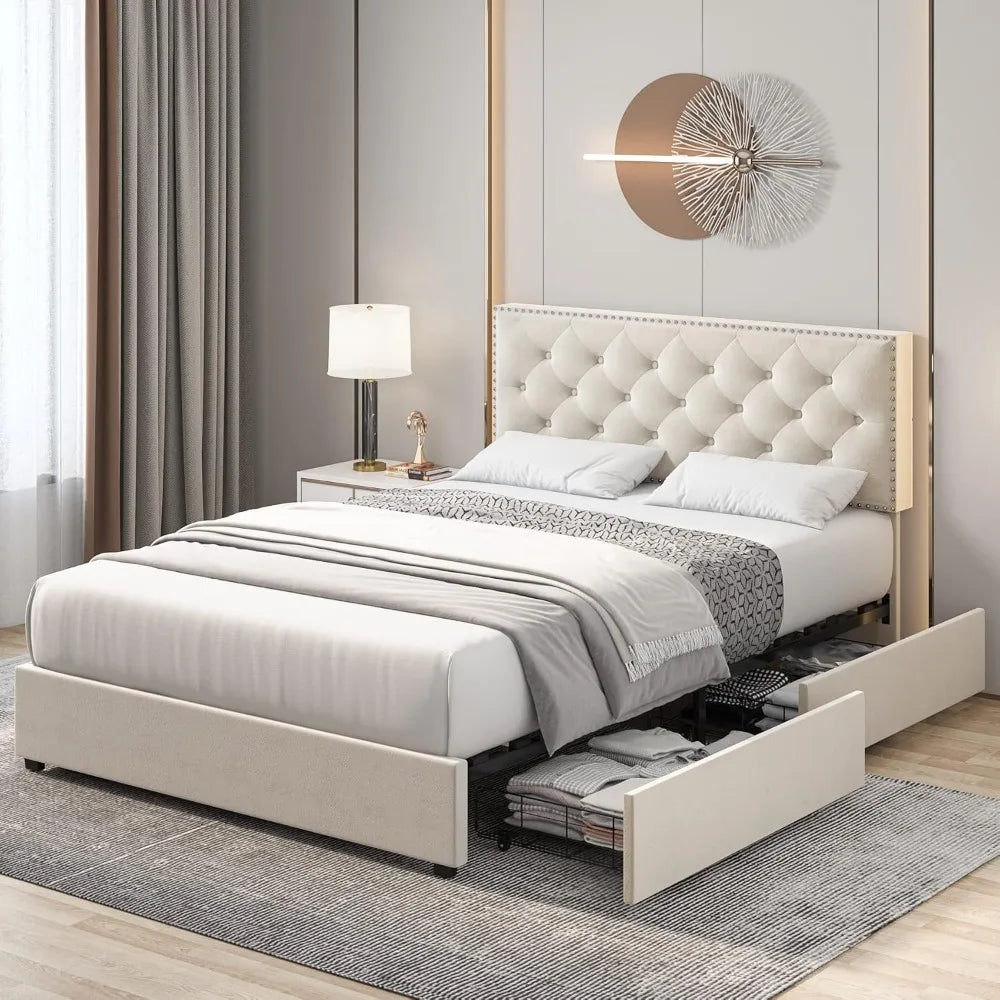 HOSTACK Full Size Bed Frame with 4 Storage Drawers, Modern Upholstered Platform Bed with Adjustable Headboard,Button Tufted Bed