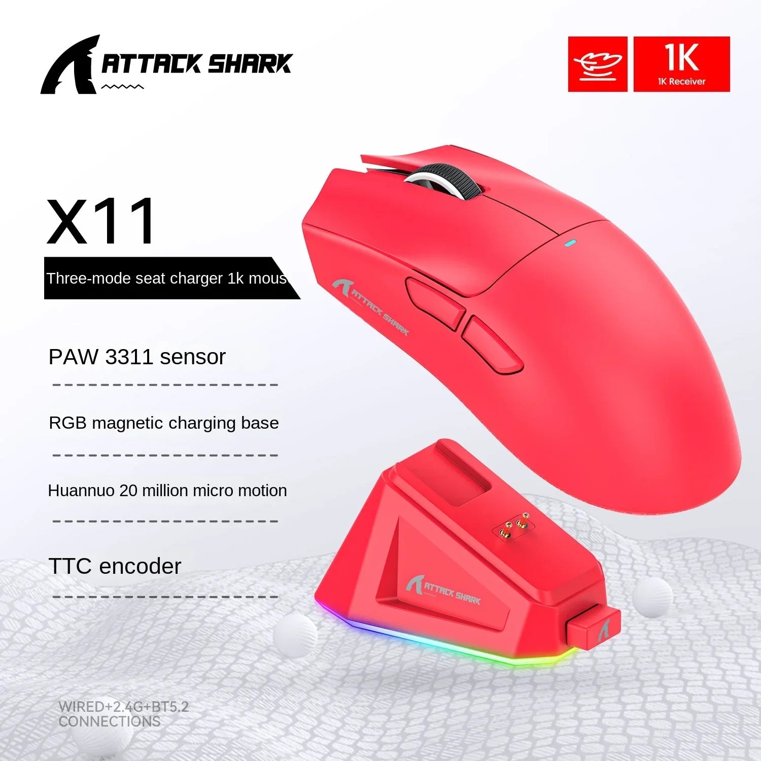 Attack Shark X11 Wireless mouse, three-mode connection 2.4GHz/ wired/Bluetooth PAW3311 22000DPI RGB magnetic charging dock mouse