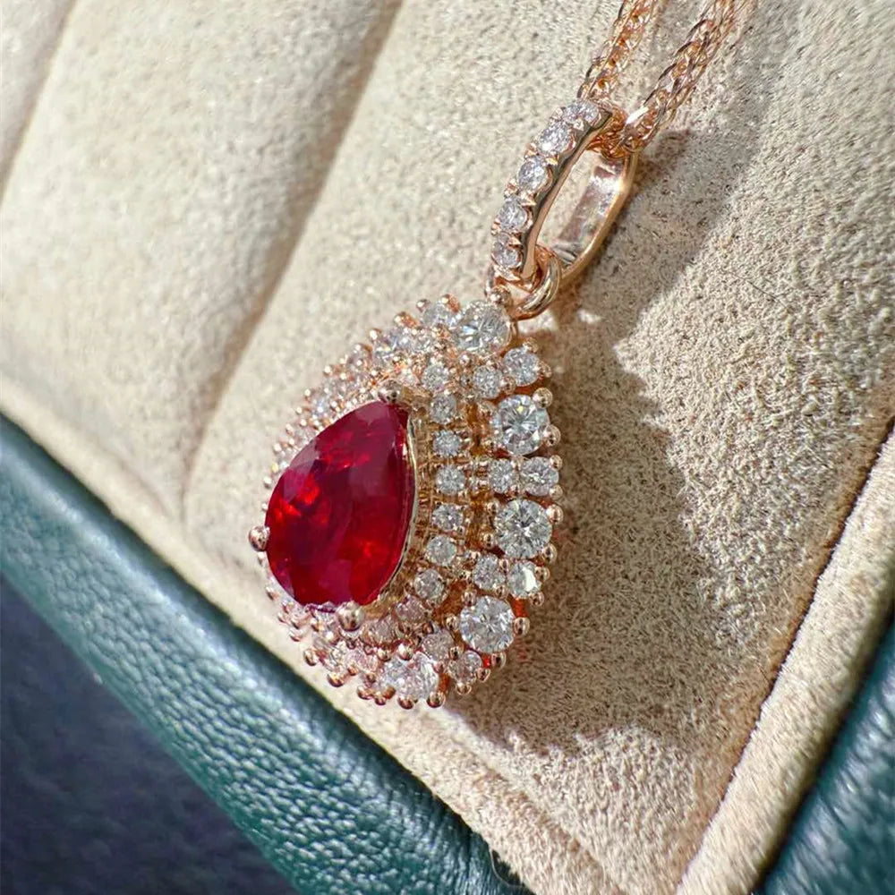 Shelly Echt 18 Karat Massivgold AU750 Schmuck Natürliche Diamanten Lebendiger roter Edelstein Rubin Wassertropfen Anhänger Halsketten für Frauen