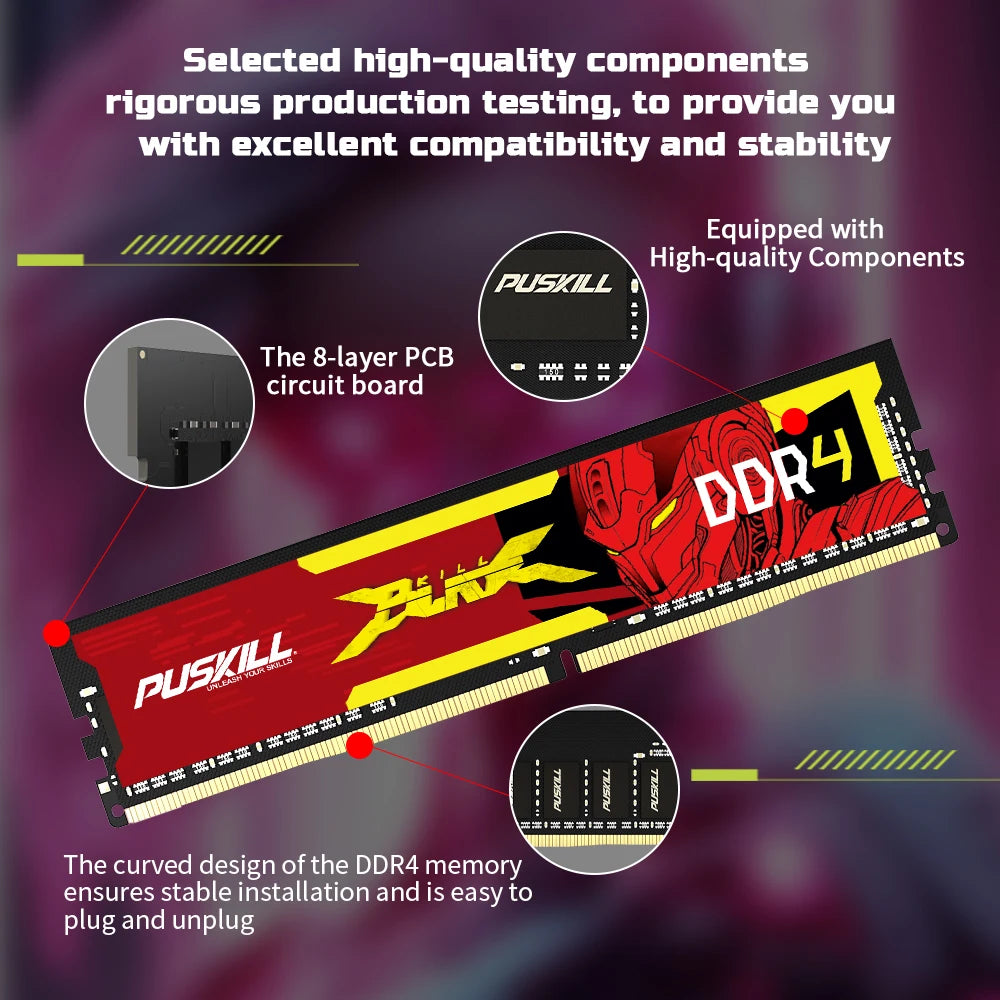 PUSKILL Desktop DDR4 Memoria RAM 32GB 16GB 8GB 3200MHz 2666MHz 1.2V UDIMM Memory