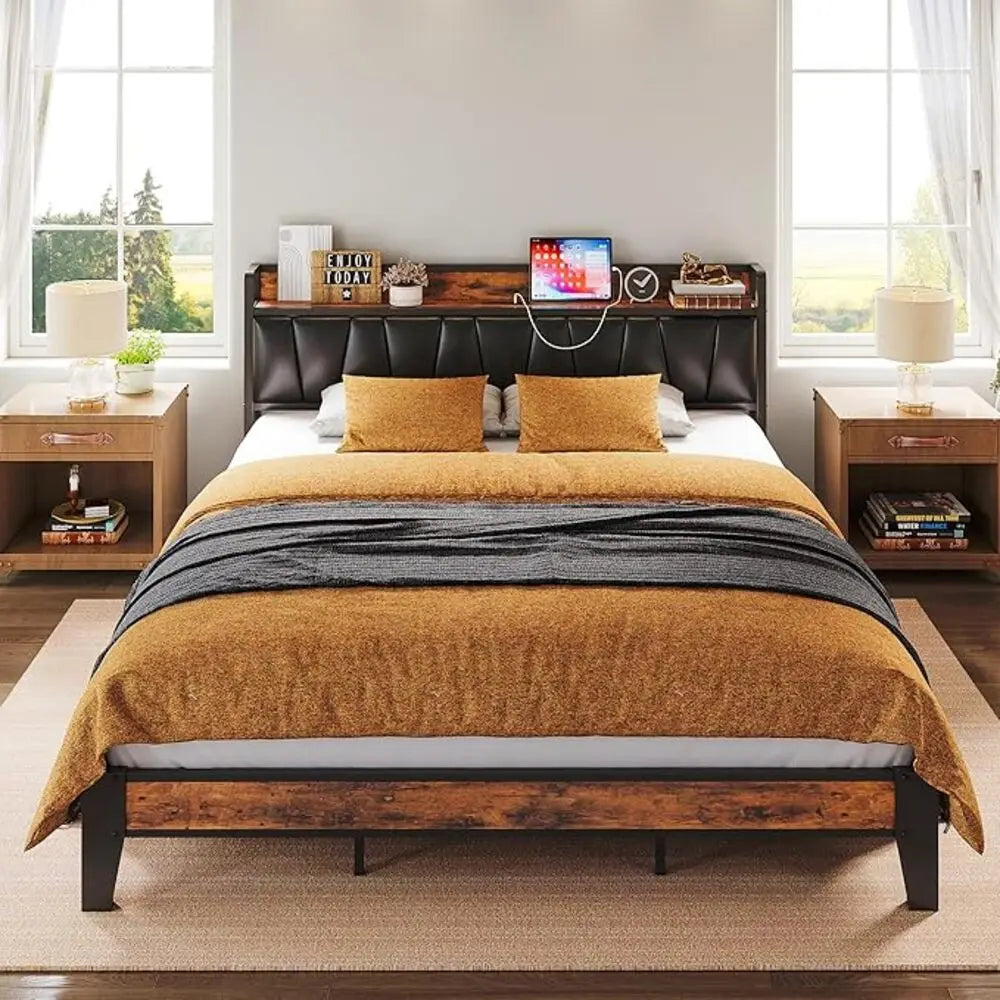 LIKIMIO Twin/Full/Full XL/Queen/Twin XL/California King Bed Frame, Storage Headboard with Charging Station, Easy Assembly