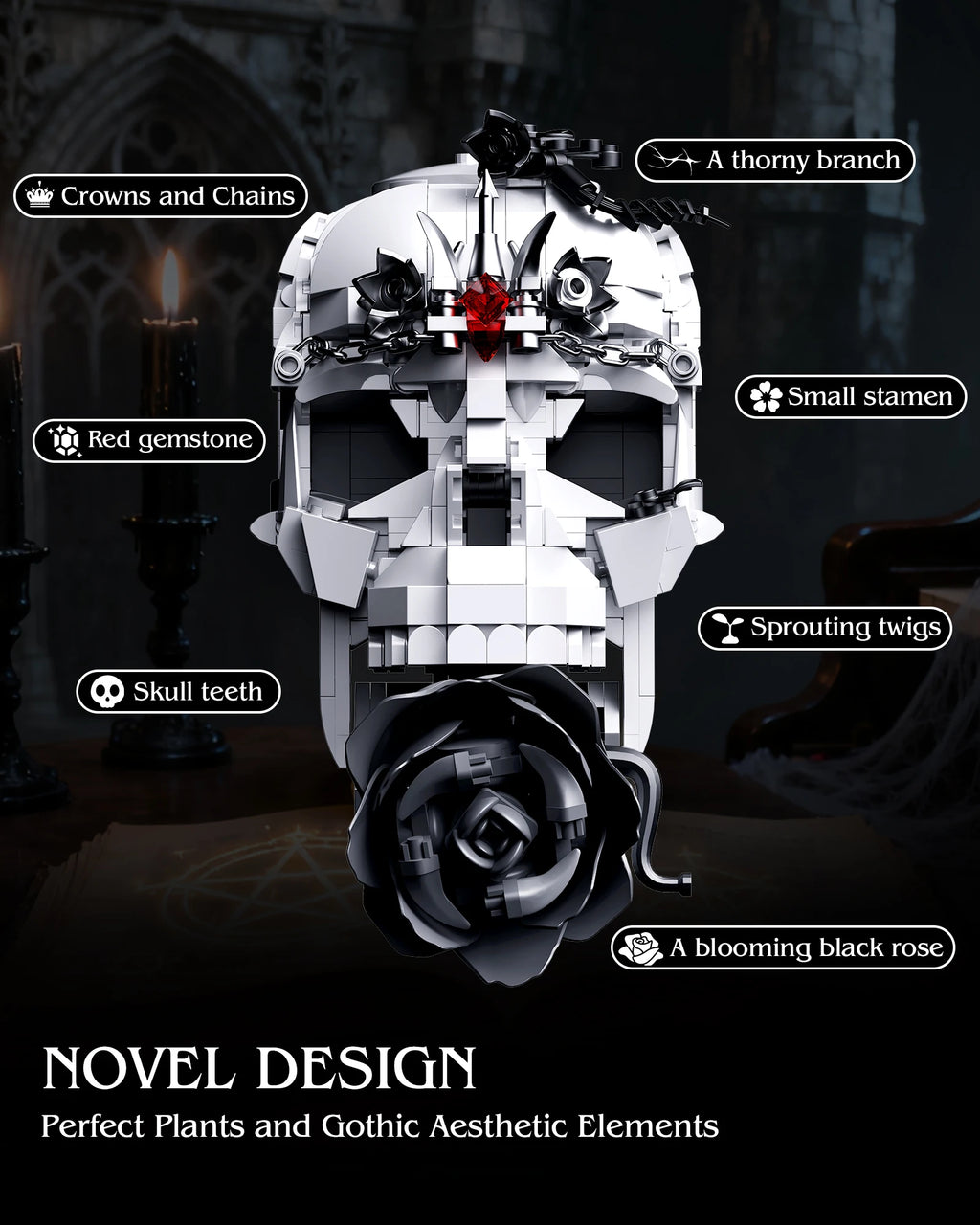 Creative Evil Skull Transformation Model Toy Block Dark Rose 3-in-1 Set Office Decoration Assembly Toy Boy Halloween Gift