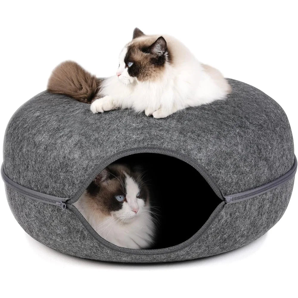Cat Tunnel,Peekaboo Cave Bed for Indoor Cats,Donut Tunnel for Pet Cat House,Detachable Round Felt & Washable Interior Play Tunne