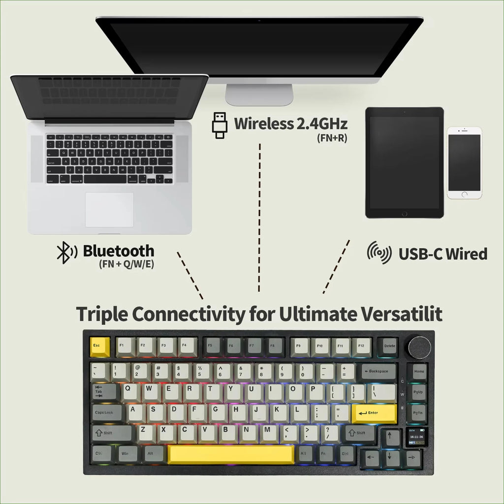 Ajazz AK820 Pro 75% уплътнение, монтирана на Type-C кабелна/Bluetooth 5.1/2.4G безжична механична клавиатура с TFT екран за Win/Mac