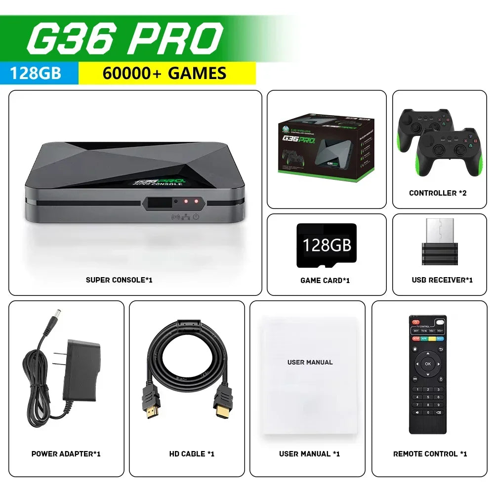 Super Console G36 Pro Retro-Videospielkonsole mit 120.000 Videospielen für PS1/GBA/MD/CPS mit Gamepad-Geschenkbox für Kinder