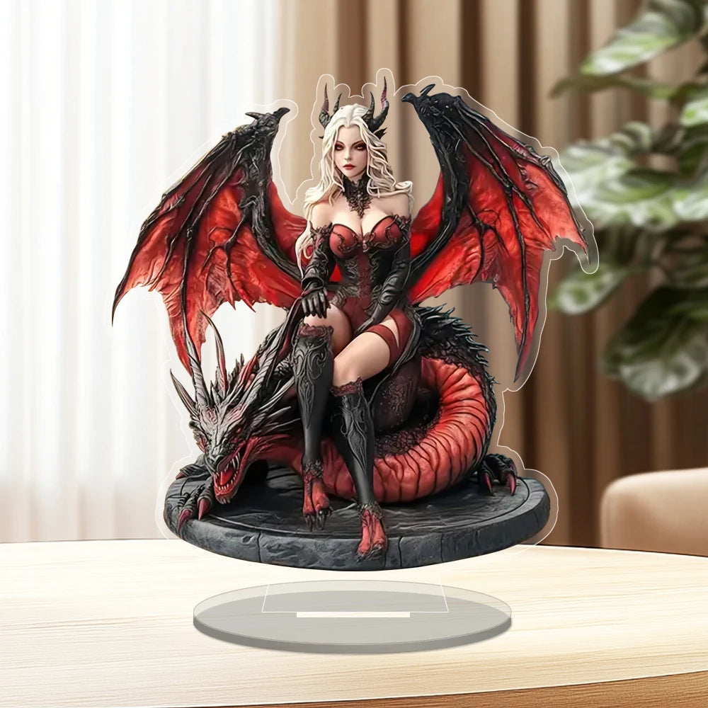 Boho Acrylic Enchantress & Red Dragon Figurine - Halloween Theme Decorative Tabletop Statue for Living Room & Various Room Types
