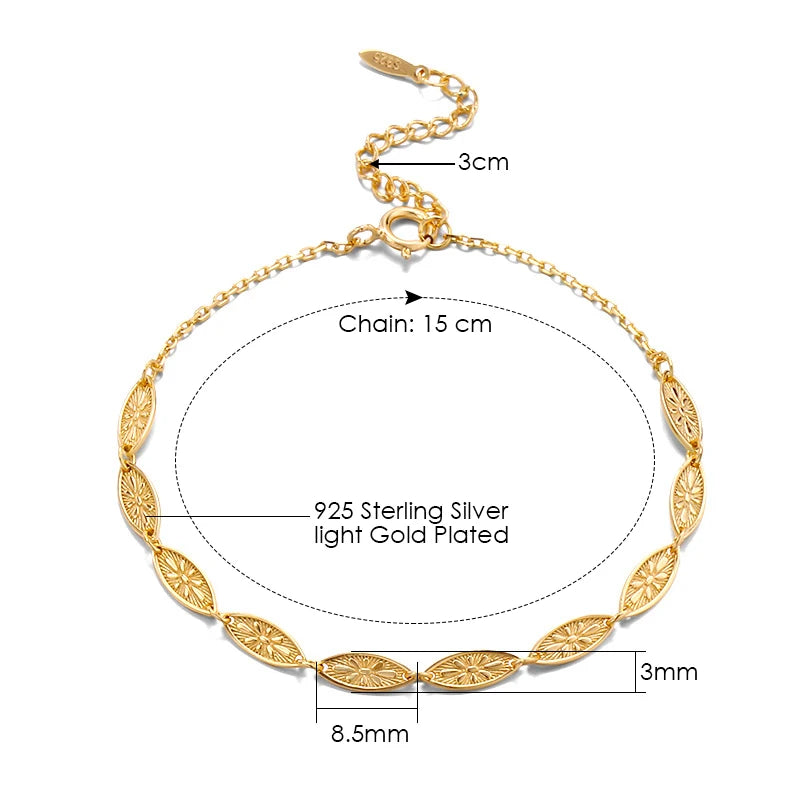 LAMOON 925 Sterling Silber Armband Für Frauen Vintage Dünne Armbänder Galois Blatt Relief K Vergoldet Hochzeit Engagement Schmuck