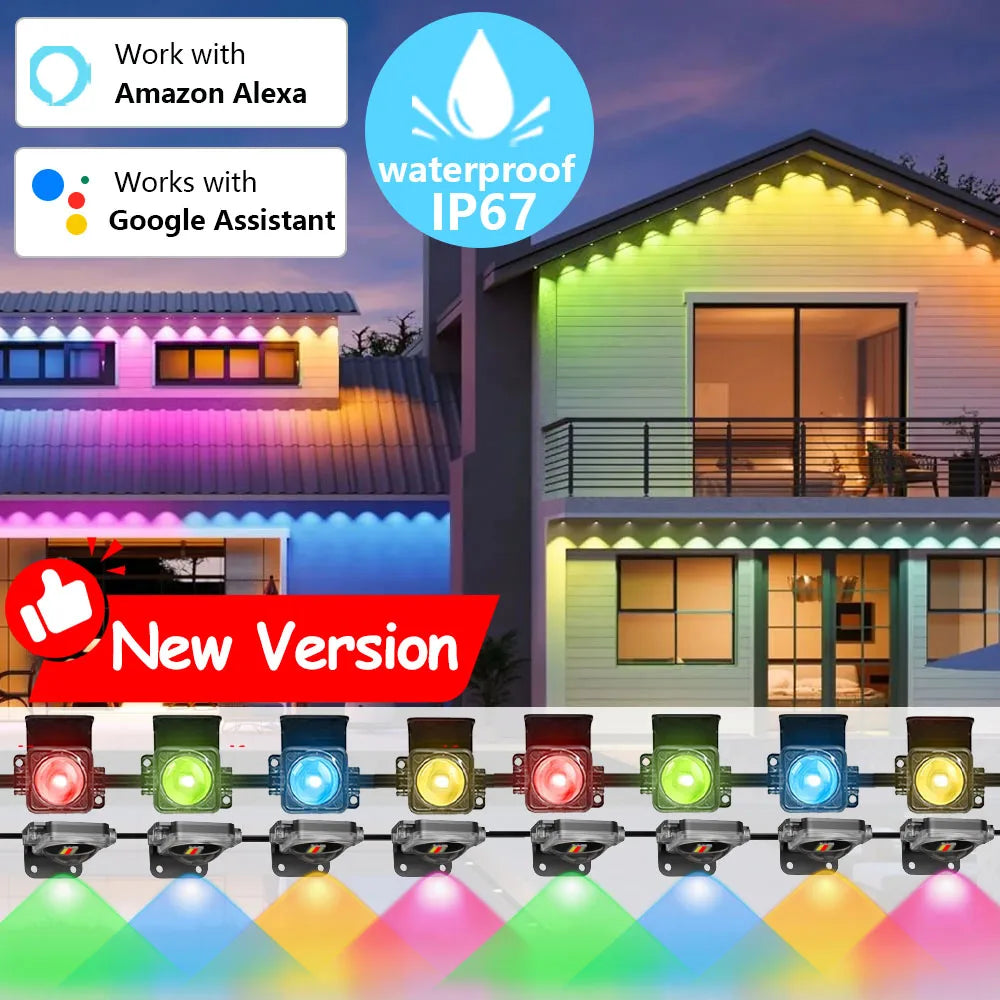 60M Smart RGB Eave Lights App & Remote IP67 Permanent Outdoor LED String Lights Home New Year Christmas Birthday DIY Lighting