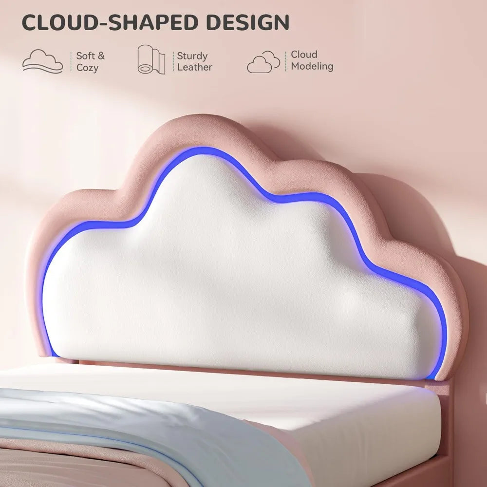 Queen Size Upholstered Bed with LED Smart Features and Adjustable Cloud Headboard, Platform Bed Frame