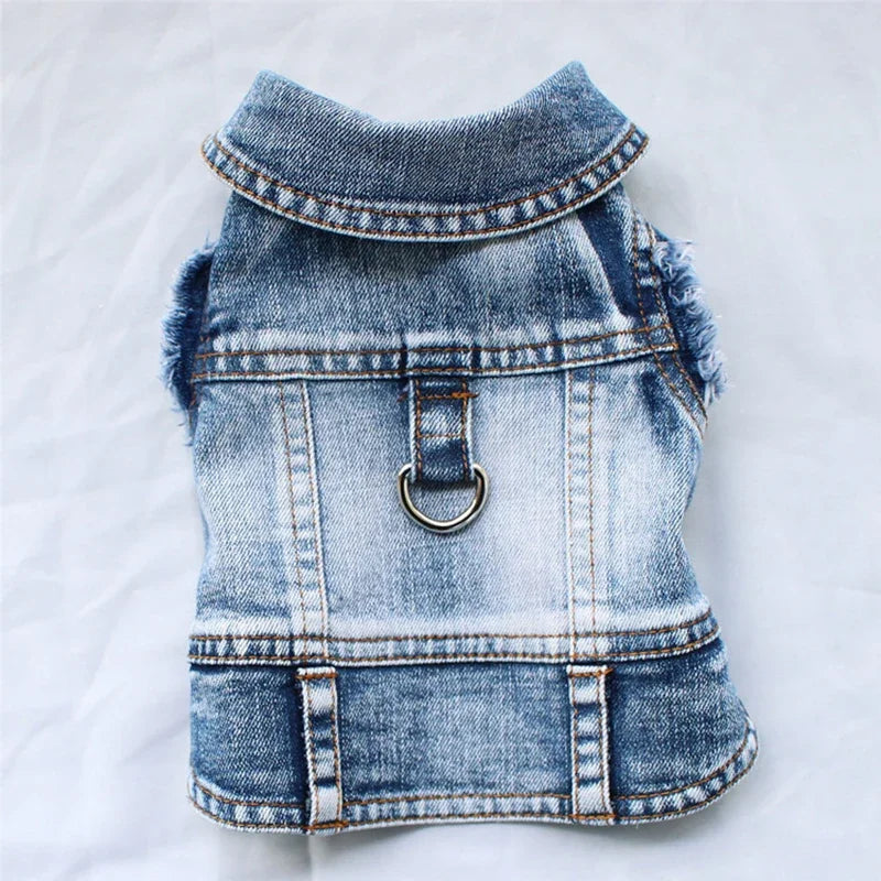 Blue Jeans Dog Denim Harness Jacket Puppy Vest Jacket Casual Clothes Costume Pet Apparel for Small Medium Dogs Back D-ring