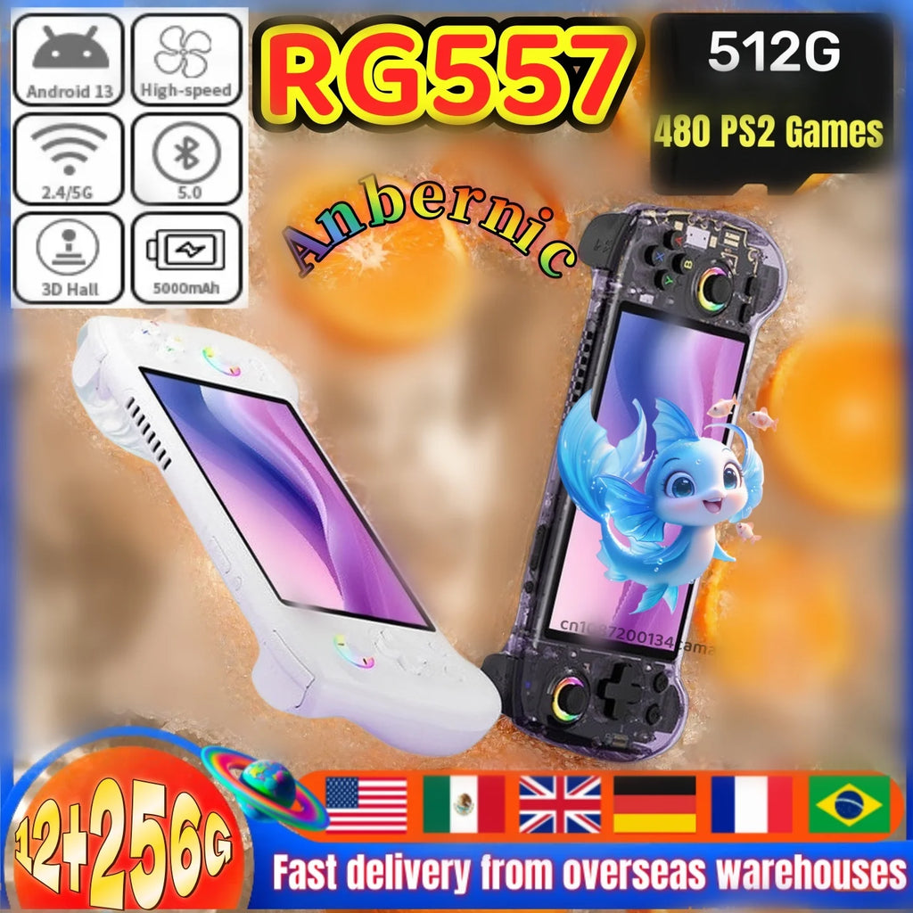 ANBERNIC RG557 Retro Handheld Game Video Player Console Android14 Outdoor special 5.48 inch AMOLED Screen 512G PS2 Games RG 557