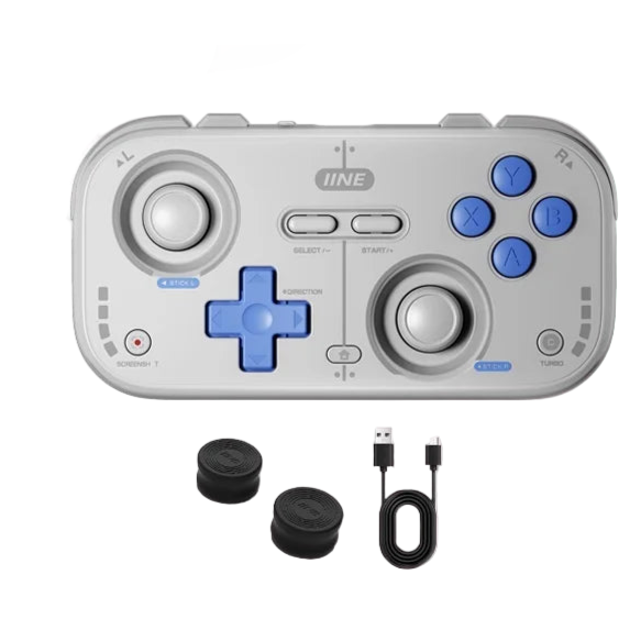 Retro-style gaming controller with IINE branding on a pink background