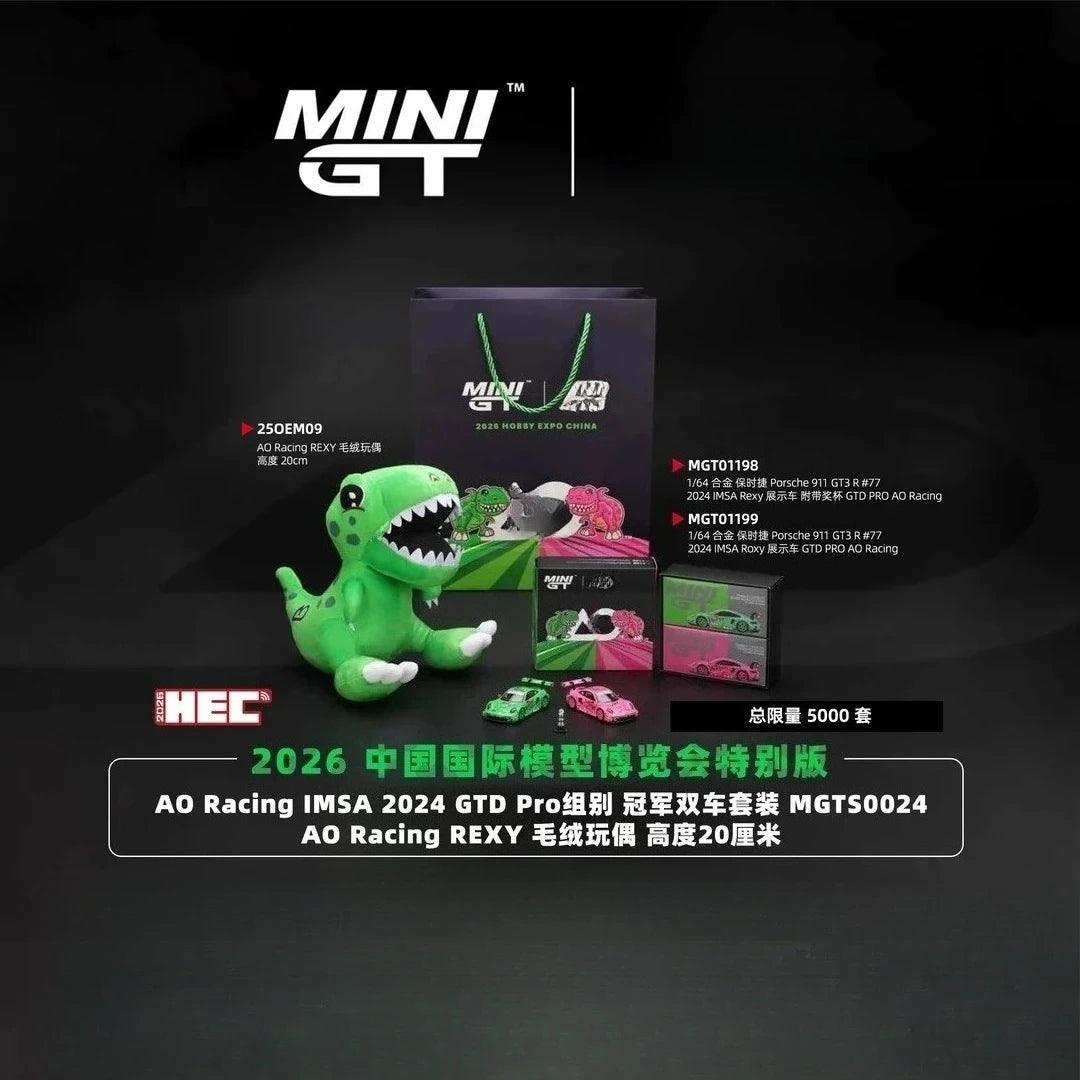 MINIGT 1:64 #1198 Porsche 911 GT3 R Green Pink Dinosaur RACING 2024 IMSA GTD Pro 2026 HEC Alloy Car Model Miniature Diecast Toys