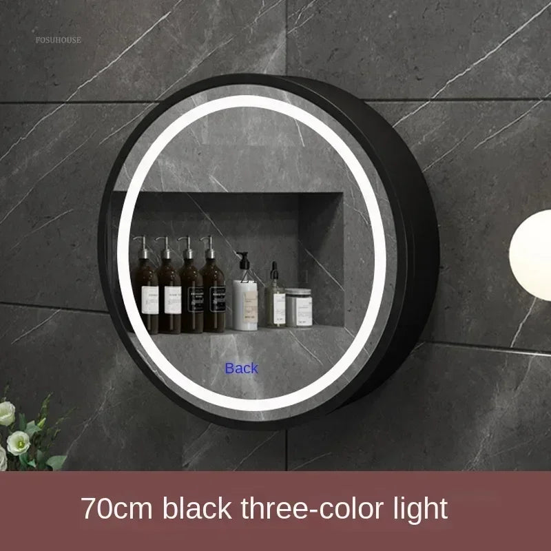 Nordic LED Smart Bathroom Mirror Cabinets Solid Wood Oval Bathroom Wall Hanging Round Vanity Mirrors with Storage Shelf b