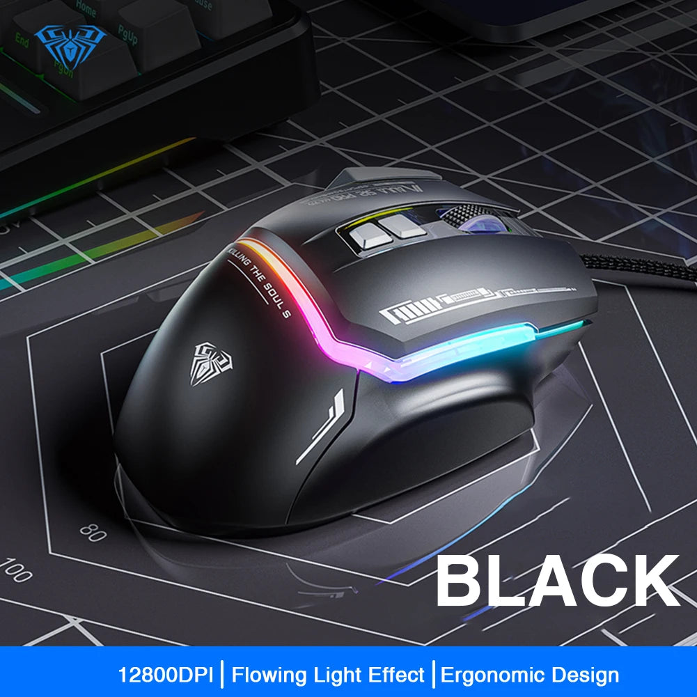 AULA S12Pro Gaming Mouse 12800DPI 1000Hz Return Wired 8 Buttons Macro Mouse for E-sports Ergonomic Design RGB Backlit