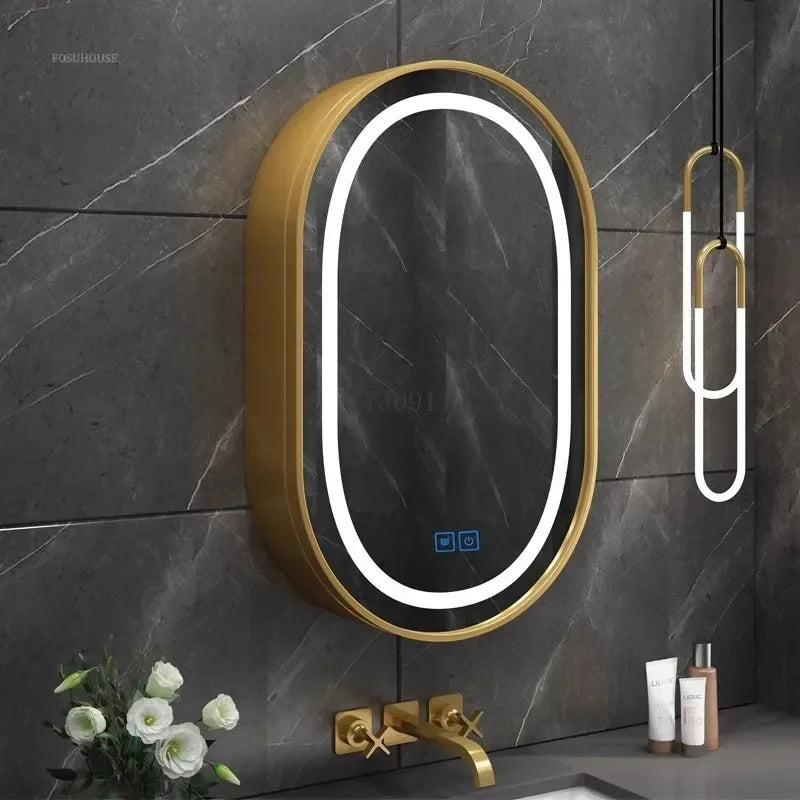 Nordic LED Smart Bathroom Mirror Cabinets Solid Wood Oval Bathroom Wall Hanging Round Vanity Mirrors with Storage Shelf b