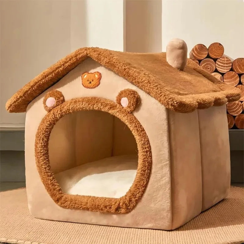 Cat Bed Dog House Gray Soft Plush Detachable Semi Enclosed Foldable Warm Cat Villa Pet Nest Four Season Universal Pet Supplies