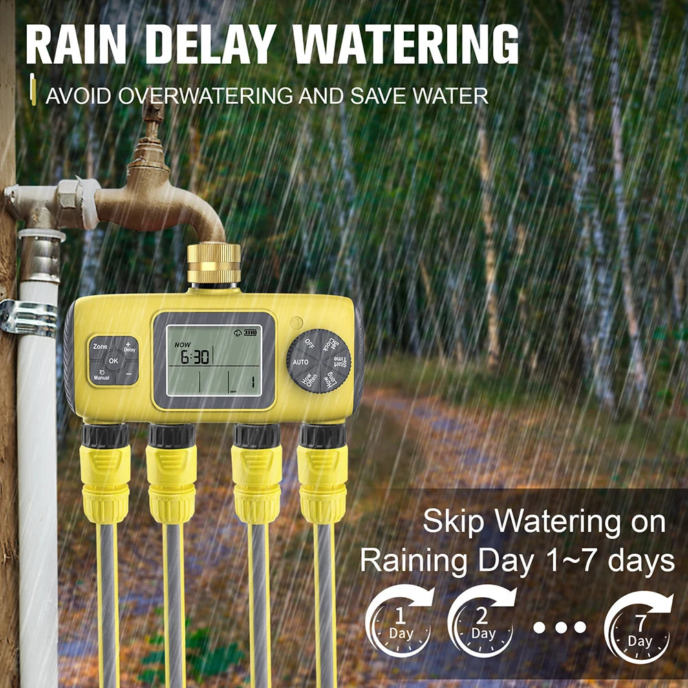 Digitaler Wassertimer, 4-Ausgänge, Gartenbewässerungstimer, Regenwassersensor, Bewässerungssystem, Präzisions-Zeitsteuerung