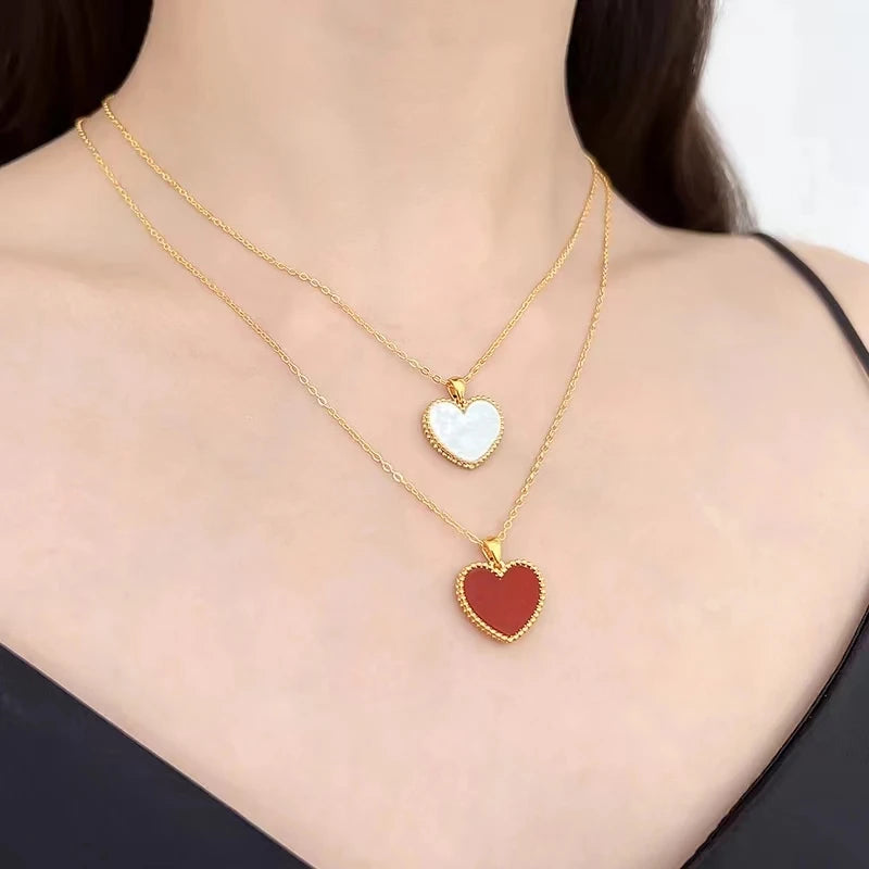 Halskette mit Herzanhänger aus echtem 18 Karat Gold, echter AU750-Anhänger aus natürlichem rotem Achat, schlichter, modischer, edler Schmuck, Geschenk für Frauen