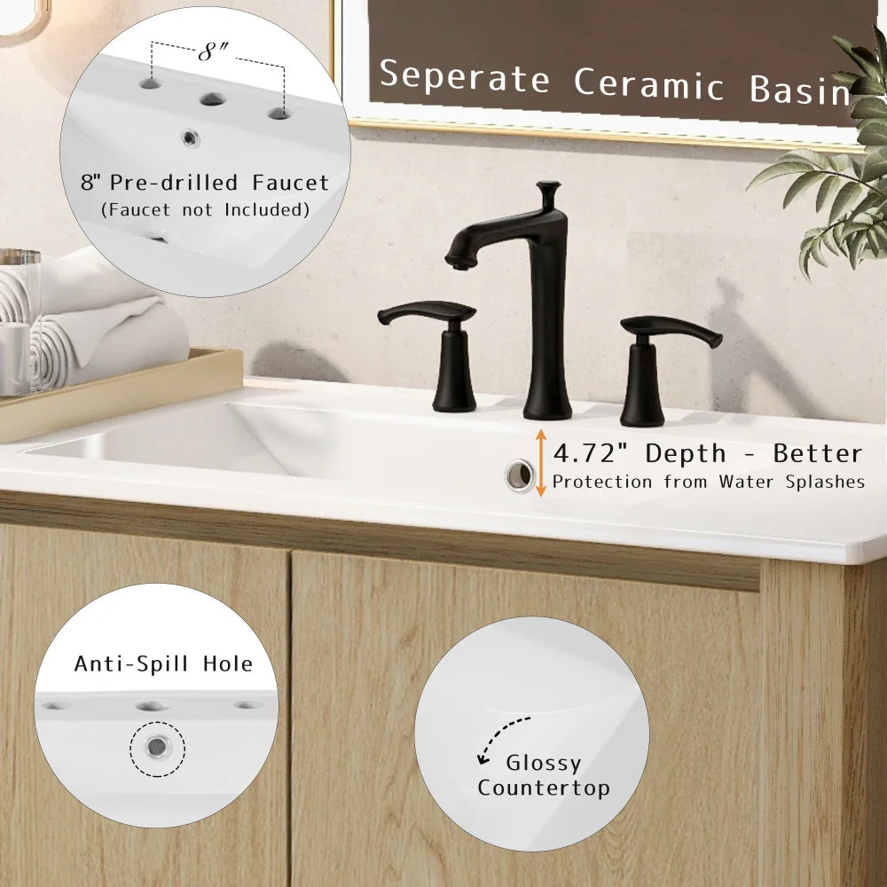 36" Modern Bathroom Vanity with Rectangle Ceramic Sink, Bathroom Cabinet with Large storage space and 45 Degrees Free-Handle
