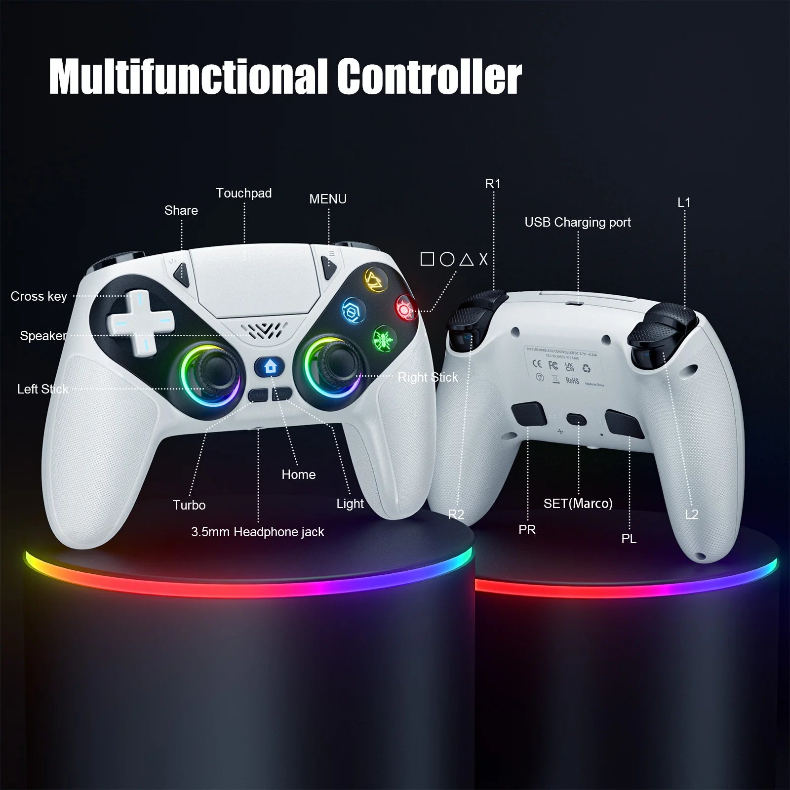 For Ps5 Wireless Controller For Ps5/Pc Console Gaming Controller Bluetooth Gamepad With Turbo Dual Sense Vibrate Programming RGB