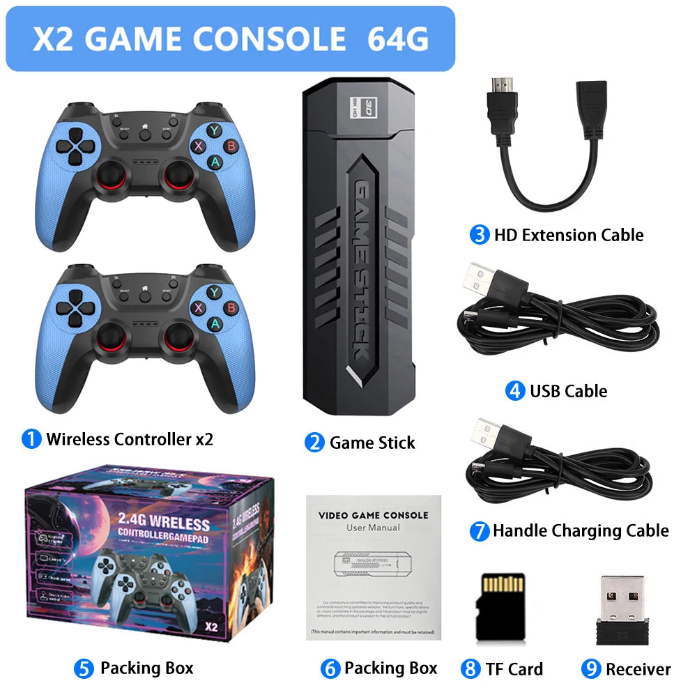 X2-Spielekonsole, 4K HD-Videospiel-Stick, 50.000 Retro-Spiele mit einem Paar Gamecontroller für PS1/N64/SNK/GBA, Weihnachtsgeschenk für Kinder