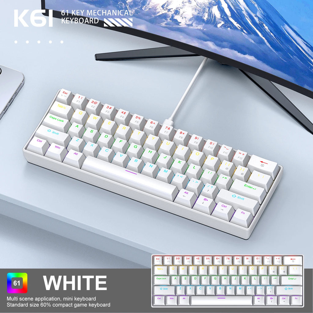 61 Tasten Mechanische Tastatur Kabelgebunden, APAYADO K61 RGB 60% Tragbare Mini-Tastatur Schwarz, Weiß, Rot/Blau Schalter für Gaming