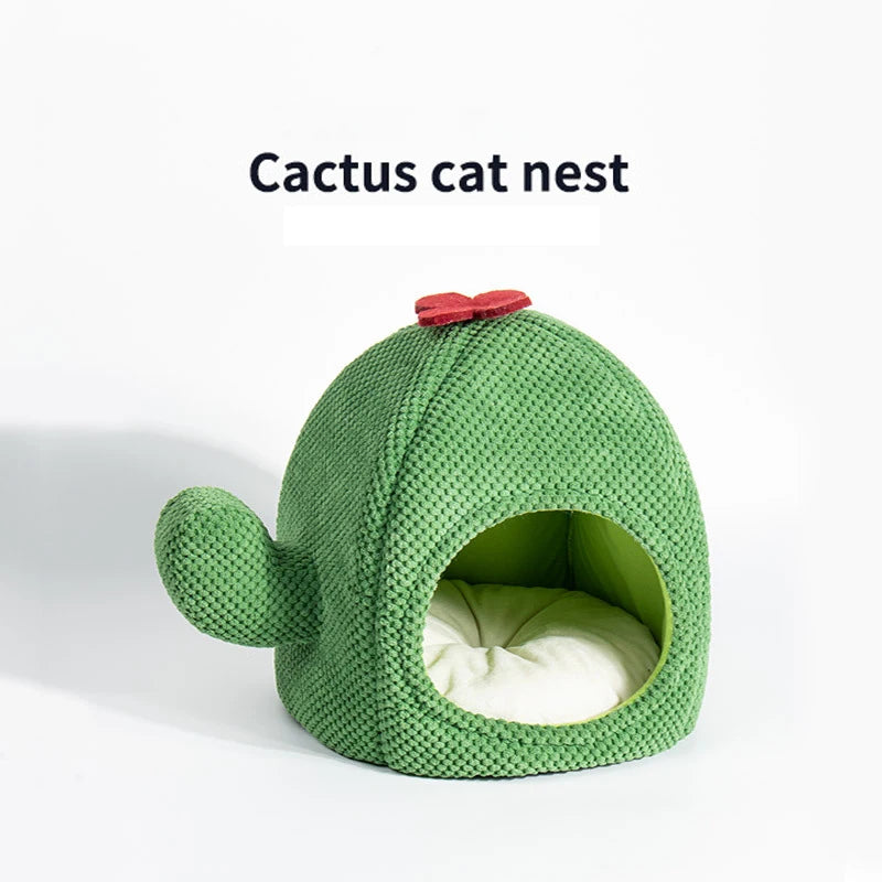 Creative Cactus Shaped Cat House Pet Bed Warm Green Cat Cave Dog Kitten Basket Autumn and Winter Pet Furniture Cat Accessories