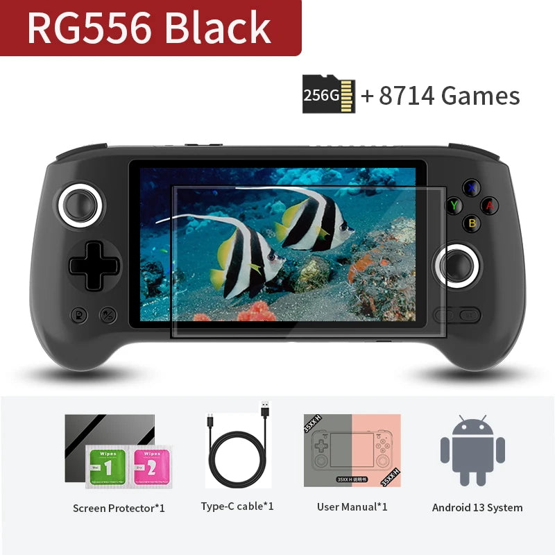 RG556 Retro Handheld Game Console Android 13 System 5.48 inch AMOLED Screen T820 Video Player Built-in Hall Trigger Fan