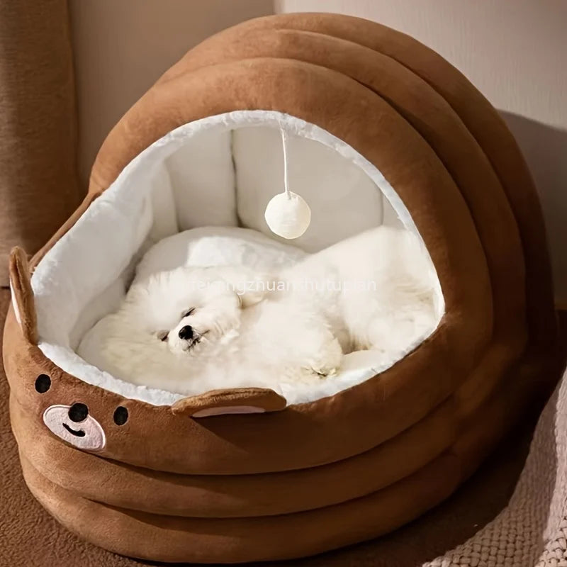 Comfortable Plush Pink Plush Cat Bed Detachable Washable Padded Kitten House with Cute Rabbit Ears and Cute Hanging Balls