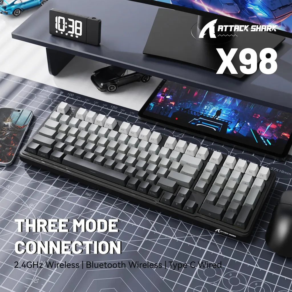 ATTACK SHARK X98 Kabellose mechanische RGB-Tastatur in voller Größe, Dichtung, Bluetooth/2,4 G/kabelgebunden, Hot-Swap-fähig, NKRO, 4000 mAh Akku