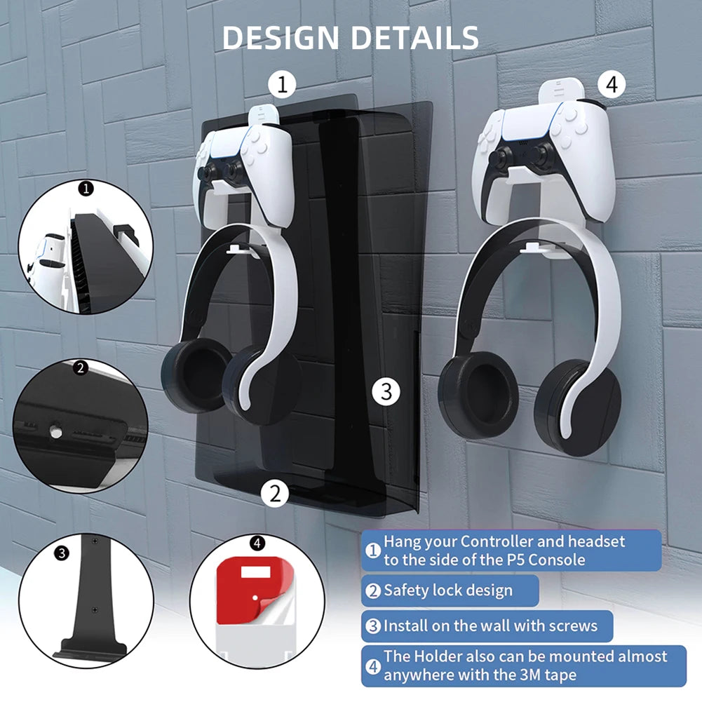 For PS5 Pro/PS5 Slim/PS5 Console Wall Mount Storage Hook Set Controller Headset Display Holder Host Wall Bracket
