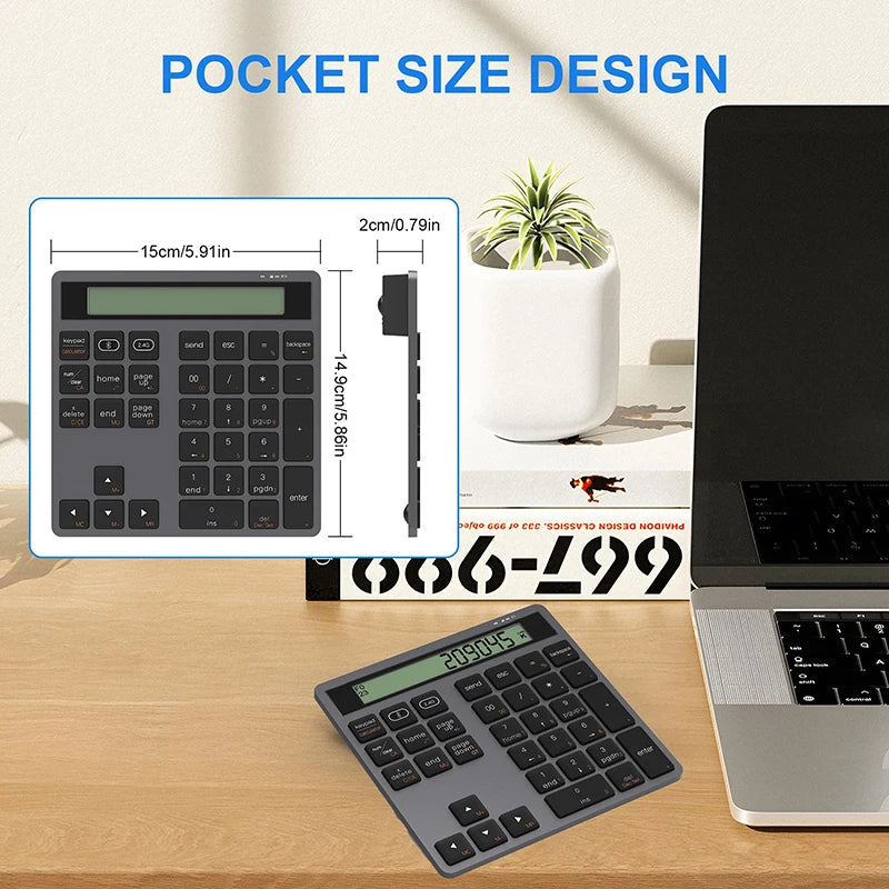 2.4G Wireless Bluetooth Numeric Keyboard with Screen Display Calculator 2 in1 Portable Wireless Number Keypad for Win/Mac
