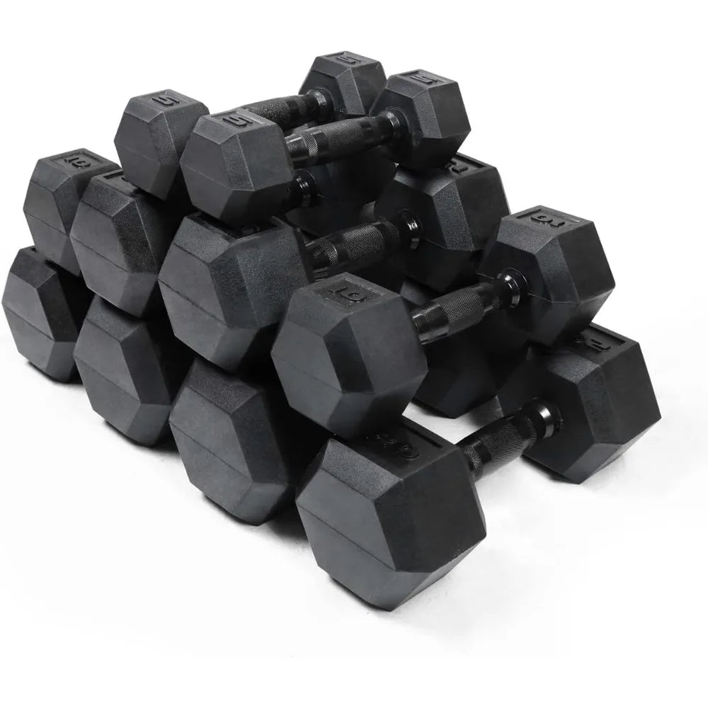 Black Handled Rubber Coated Hex Dumbbells Set 5-25Lb with Storage Rack and Non-Slip Design for Building Muscle Strength