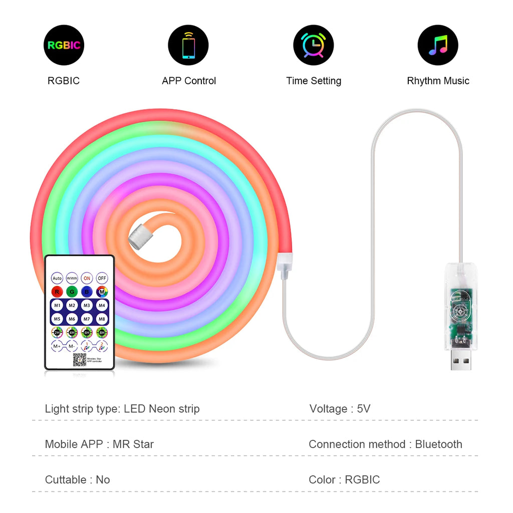 Smart RGBIC USB Neon LED Strip Lights,1M-10M, APP Control Music Sync Waterproof Dynamic Effects Neon Rope for Home Party Decor