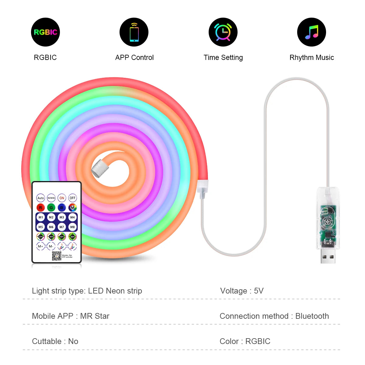 Smart RGBIC USB Neon LED Strip Lights,1M-10M, APP Control Music Sync Waterproof Dynamic Effects Neon Rope for Home Party Decor