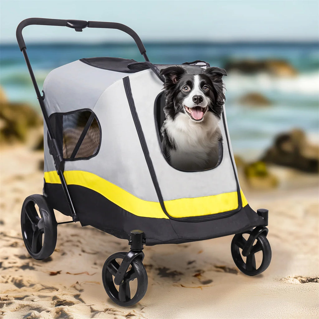 Foldable Dog Stroller with 4 Heavy Wheels Portable Universal Pet Travel Stroller for Small to Large Dogs, Rainproof Cover