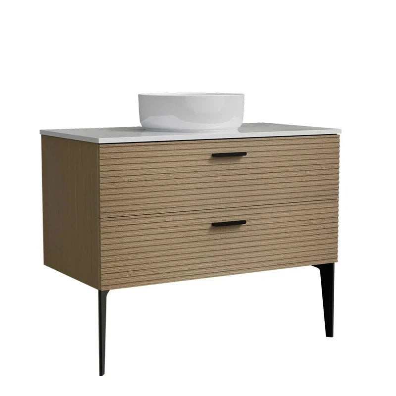 36" Striped Natural Oak Freestanding Bathroom Vanity with Ceramic Sink for Modern Spaces