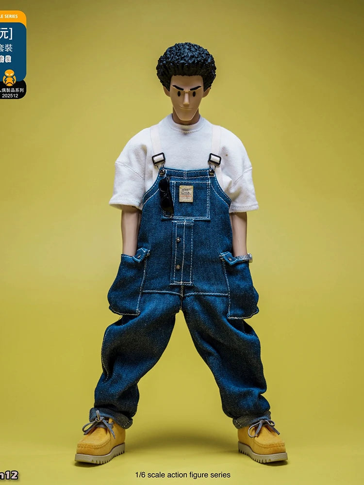1/6 Anime Boy Head Denim Bib Pants Cloth Action Figure 12inch Movable Body Design Trickyman12 Trendy Man Soldier Model Toys