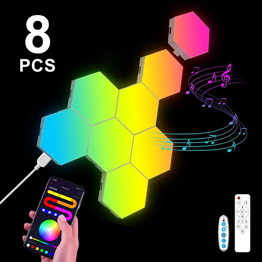 Smart Hexagonal Wall Lamp Color Change Ambient Night Light DIY Shape Music Sync MeRGBW APP Gaming RGB Hexagon LED Lights Bedroom