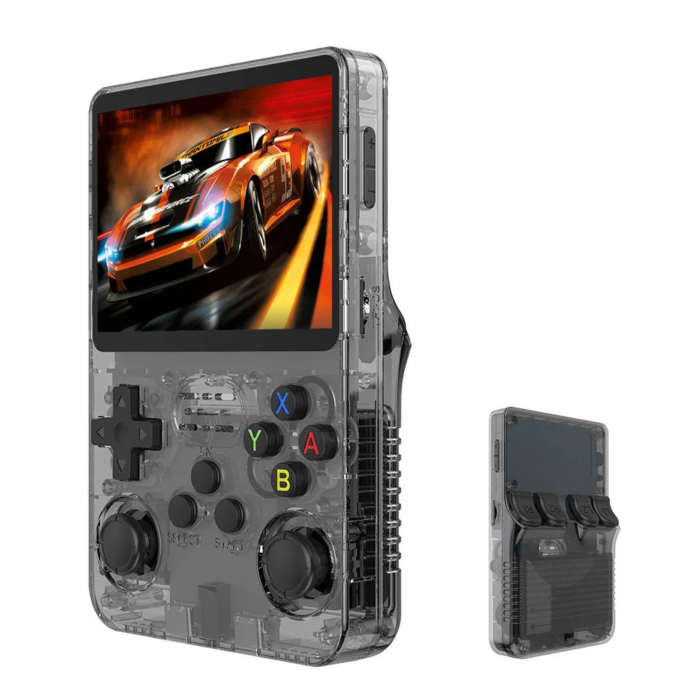 Handheld gaming console with transparent design and screen displaying a racing game, labeled 'Grey'.